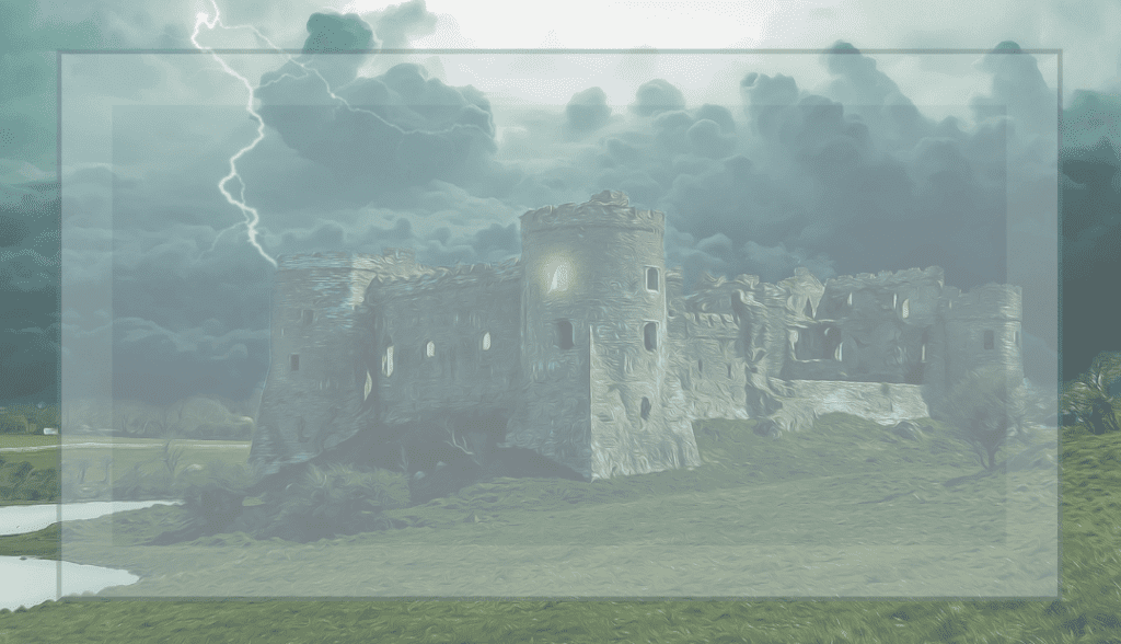 Zdjęcie zamku na tle burzowych chmur