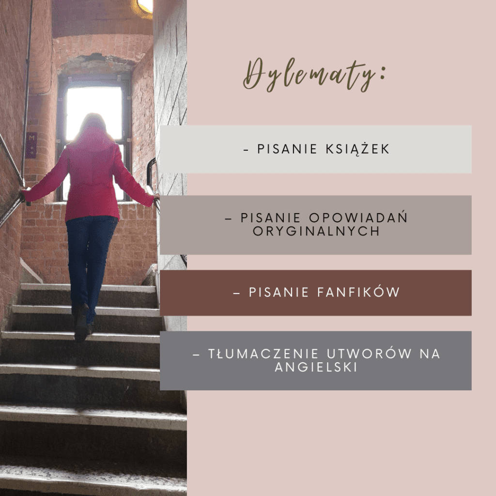 Grafika przedstawia na zdjęciu osobę wchodzącą po schodach i tekst o treści: Dylematy: pisanie książek, pisanie opowiadań oryginalnych, pisanie fanfików, tłumaczenie utworów na angielski